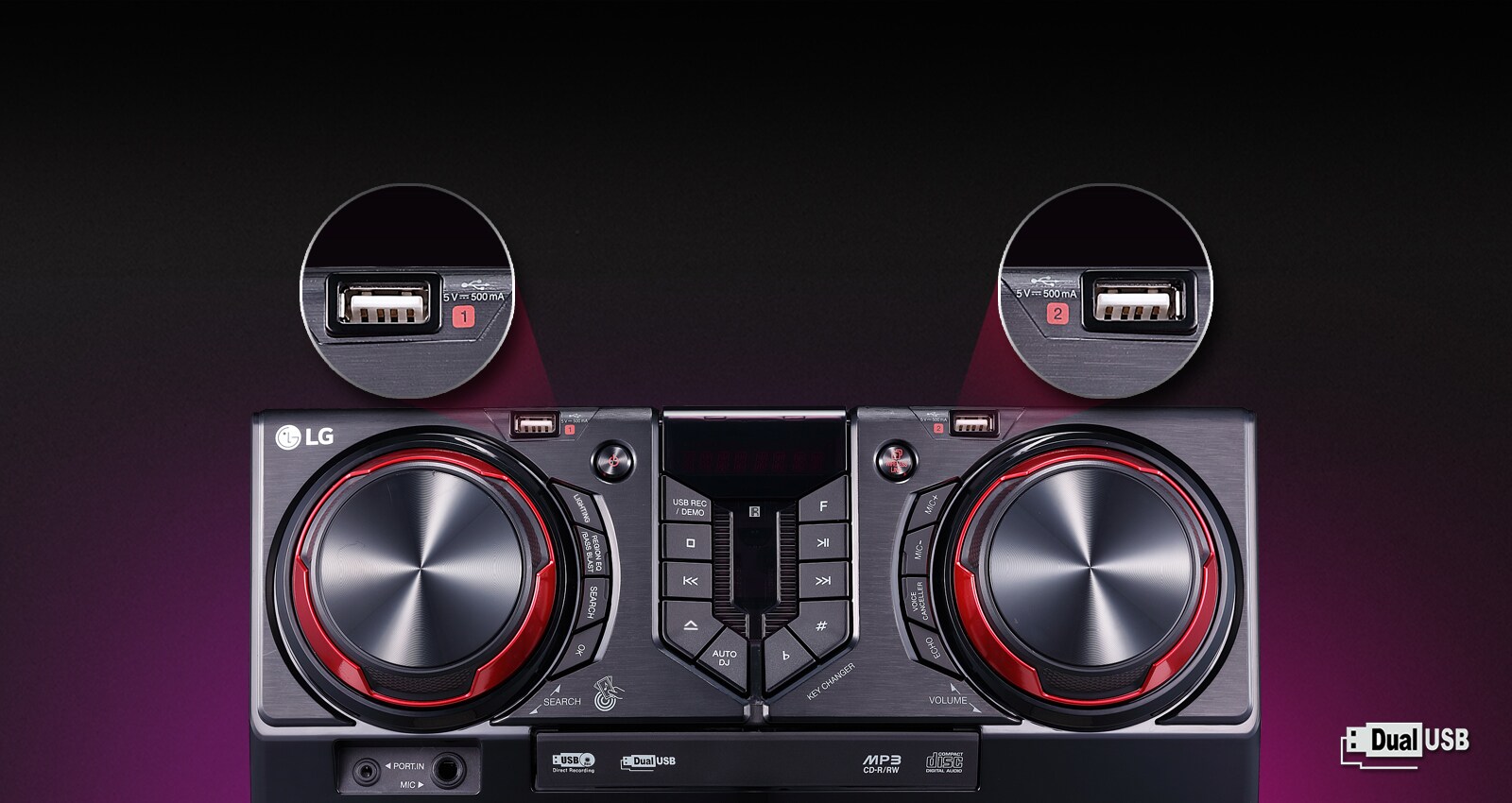 Dual USB, spill av og spill inn<br>1